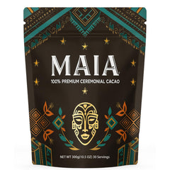 Maia Ceremonial Cacao powder package highlights organic cacao and zero sugar for clean ritual use