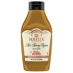 Maille x Mike’s Hot Honey Dijon bottle pouring to show bold sweet-spicy flavor