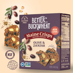 Whipped feta topped with Maine Crisp olives crisps for a Mediterranean bite.
