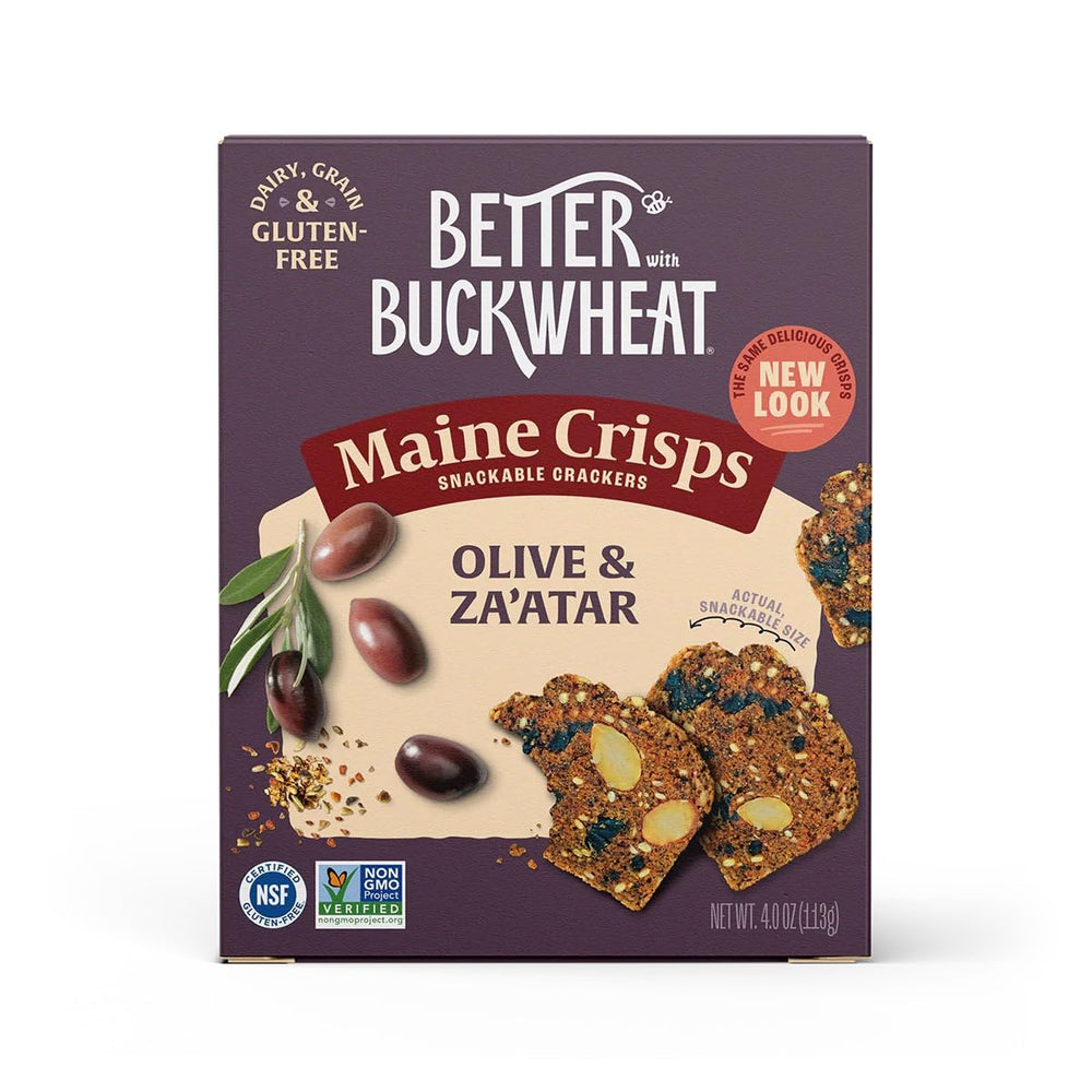 Maine Crisp Olive & Za'atar crisps four-pack, gluten-free snack option.