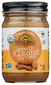 Maisie Jane's Organic Almond Butter Smooth in a jar, creamy spread for snacks.