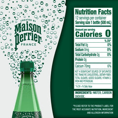 Maison Perrier Ultimate Sparkling Water bottle on table with light reflections for on-the-go refreshment.
