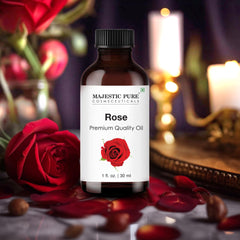 Majestic Pure Rose Oil label closeup showing purity and quality