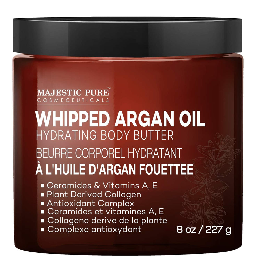Majestic Pure Whipped Argan Oil Body Butter jar showing rich texture for deep hydration