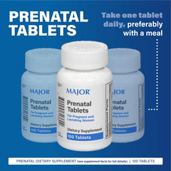 MAJOR prenatal tablets bottle label shows key vitamins for expectant nutrition.