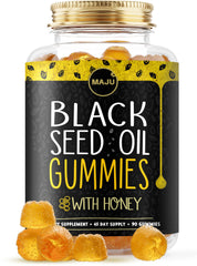 MAJU Black Seed Oil Gummies bottle emphasizes premium packaging for daily wellness.