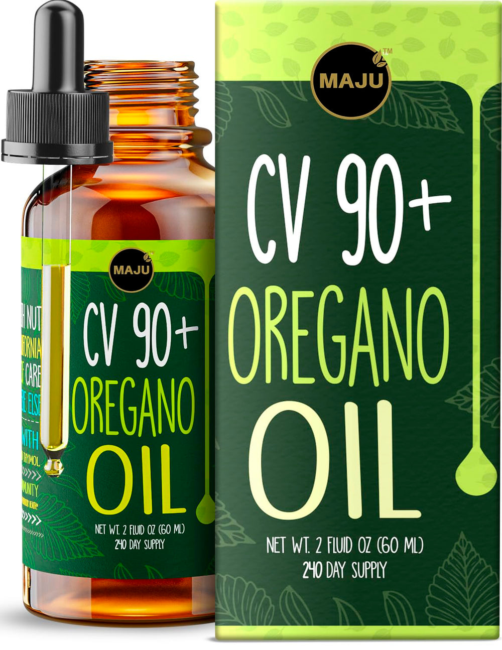 MAJU Oregano Oil Drops bottle showing potent carvacrol support for immune and gut health.
