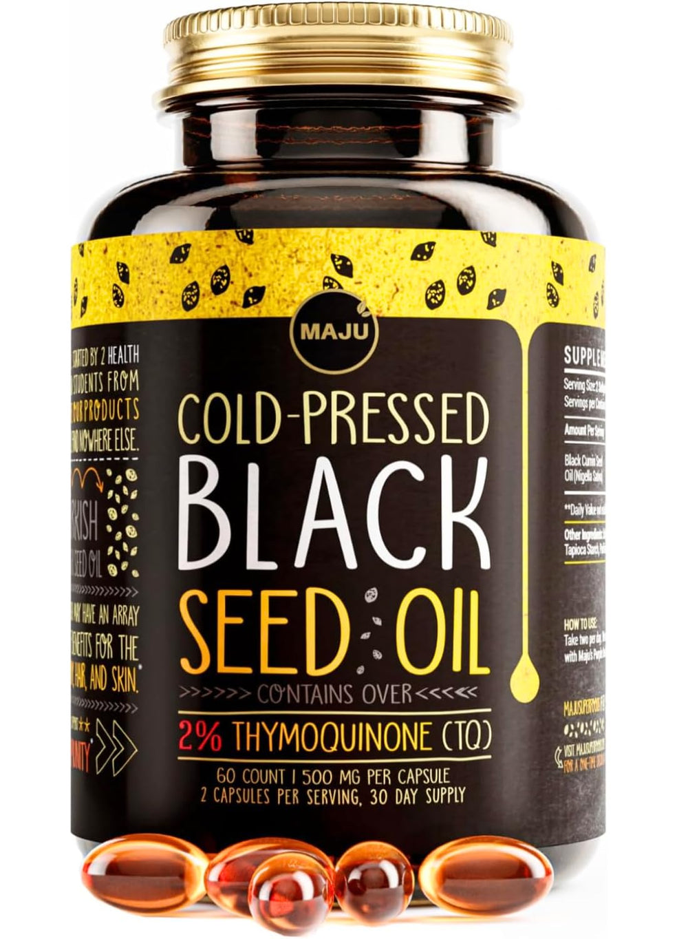 Maju Superfoods Black Seed Oil Capsules bottle showing joint and digestion support potential