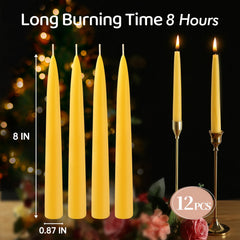 MAKALONE 12-pack beeswax taper candles for long-lasting warm light.