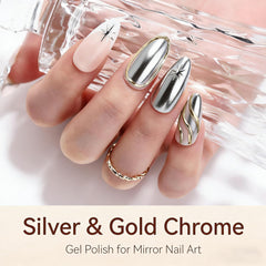 Makartt chrome nail polish gold close-up with high-gloss shine for chic nails.