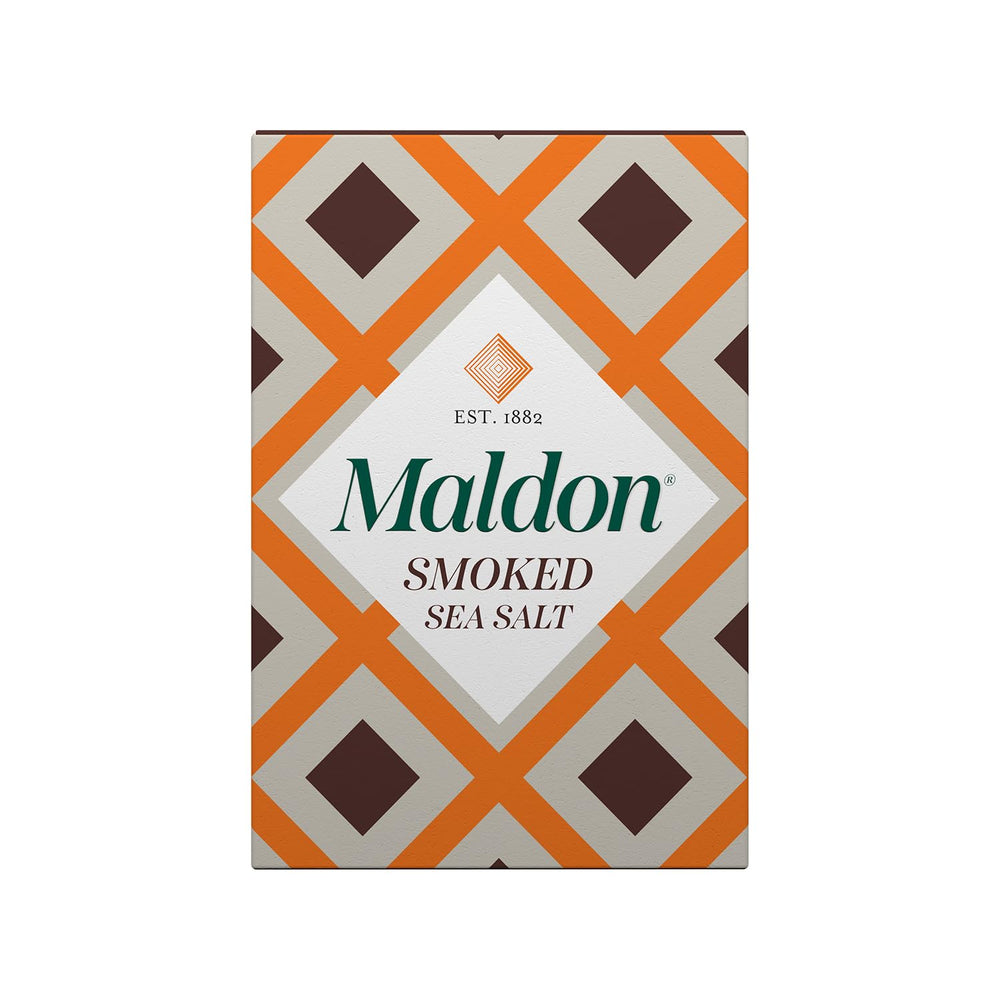 Maldon smoked sea salt flakes packshot showing premium seasoning for versatile recipes