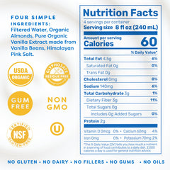 Close-up of MALK Vanilla Almond Milk ingredients showing four simple components