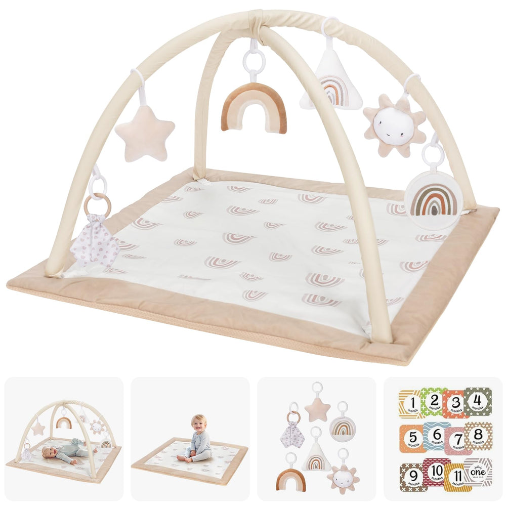 Mallify Washable Tummy Time Mat shows 6 toys for tactile exploration during playtime.