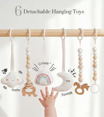 Close-up of Mallify six removable sensory toys for grasping practice.