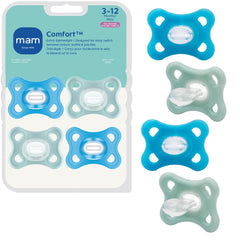 MAM Comfort pacifier for 3-12 months showing ultra-light silicone for easy handling