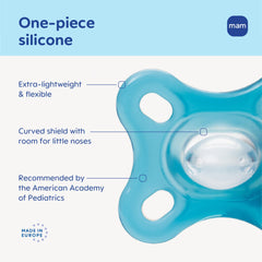 MAM Comfort pacifier features symmetrical nipple for balanced oral positioning.