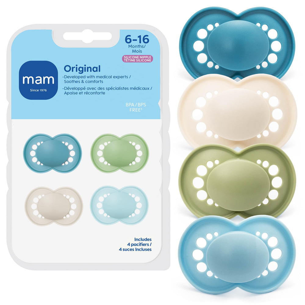 The MAM Original pacifier with SkinSoft nipple offers a familiar latch and soothing comfort.