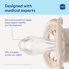 MAM Original pacifier features a symmetrical nipple for comfortable use.
