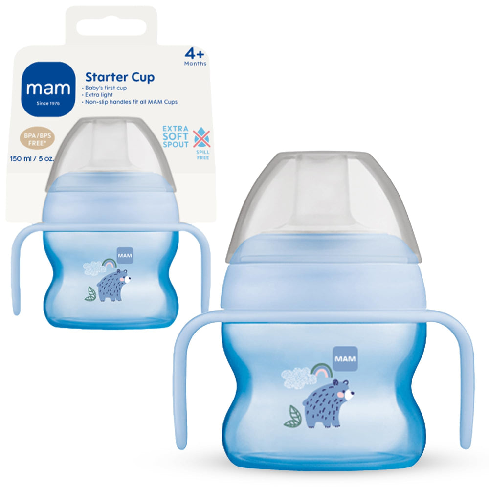 MAM Starter Cup spill-free spout for mess-free first sips.