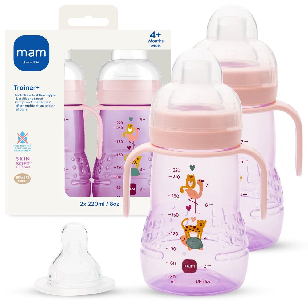 MAM Trainer Cup with extra-soft spout supports easy transition to drinking.