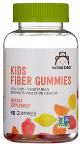 Mama Bear Kids Fiber Gummies orange bottle, kid-friendly chewables supporting daily digestive health.