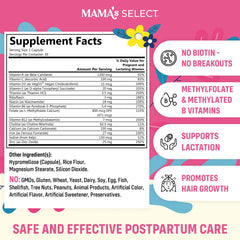 Closeup of Mama's Select Postnatal Vitamins capsules highlighting methylfolate and B vitamins
