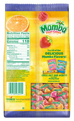 Mamba Fruit Chews four-flavors label shows Strawberry, Raspberry, Lemon, and Orange varieties