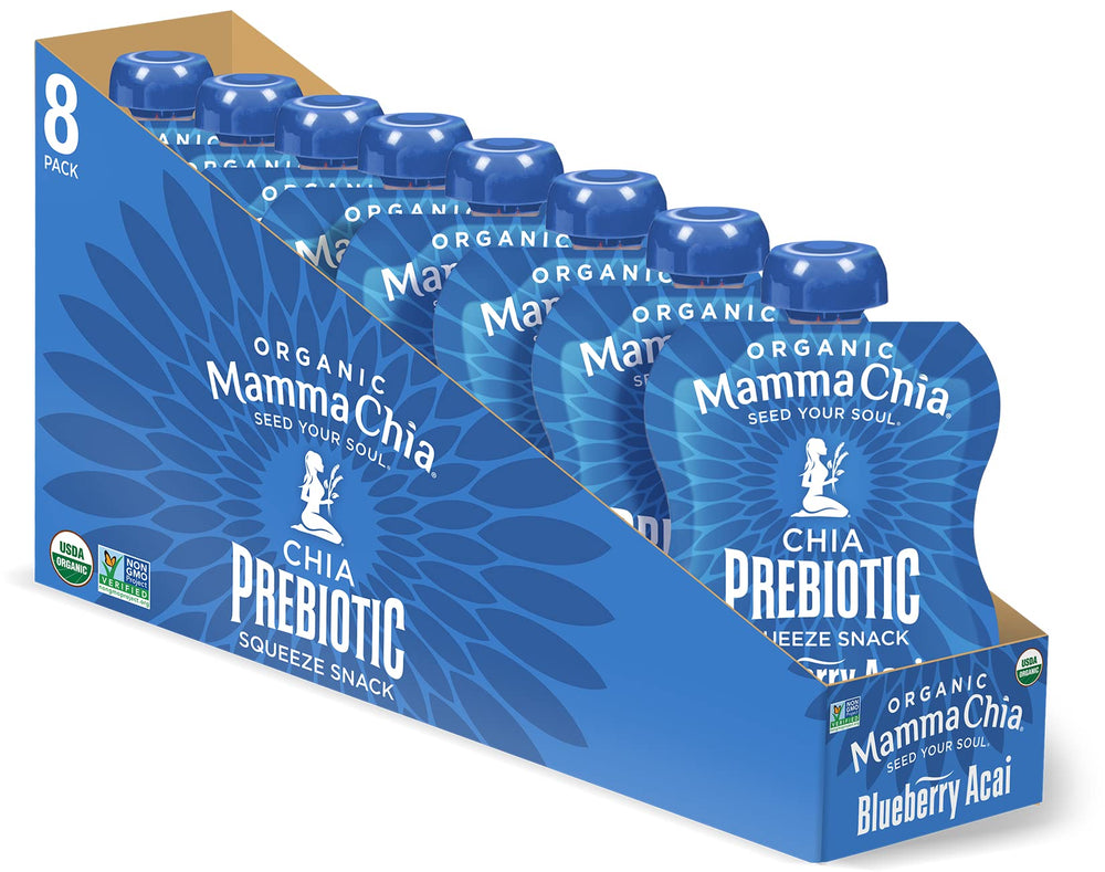 Mamma Chia blueberry acai prebiotic squeeze pouch ideal for on-the-go snacking and gut-friendly fiber.