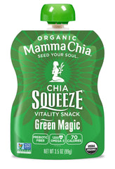Banana and mango flavors with chia in Green Magic product imagery.