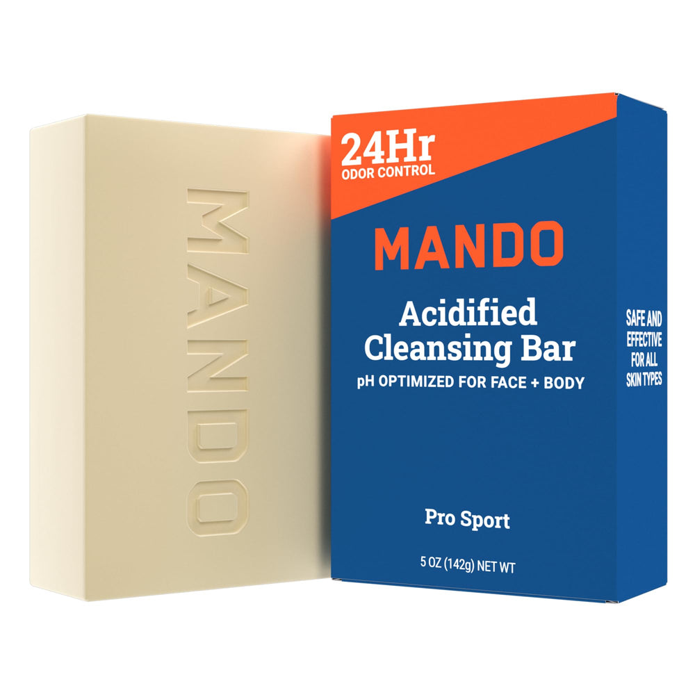 Mando Acidified Cleansing Bar delivers 24-hour odor control for active days.