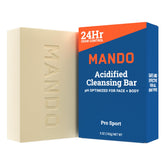 Mando Acidified Cleansing Bar delivers 24-hour odor control for active days.