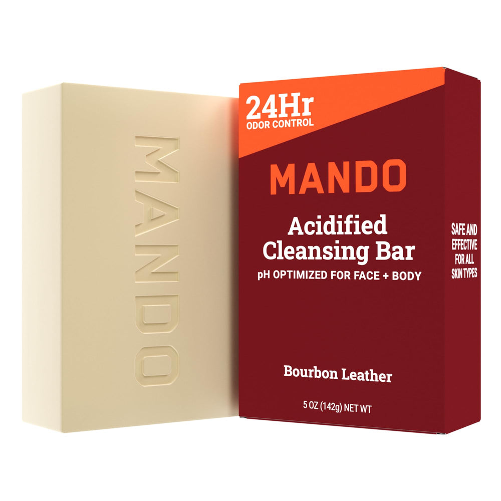 Mando Acidified Cleansing Bar packaging highlights branding and odor-control messaging.