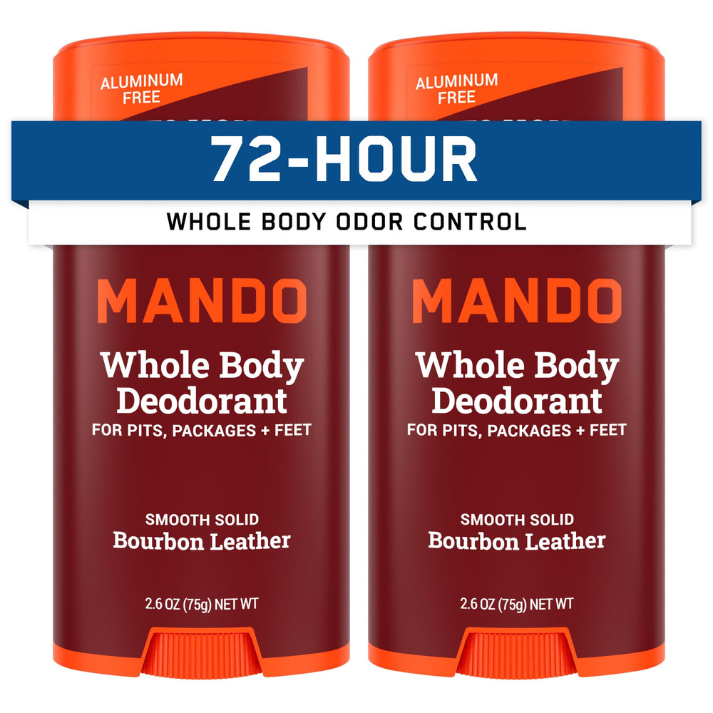 Mando Bourbon Leather solid stick packaging, compact and ready for on-the-go odor control.