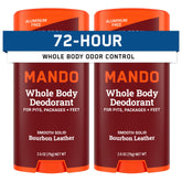 Mando Bourbon Leather solid stick packaging, compact and ready for on-the-go odor control.