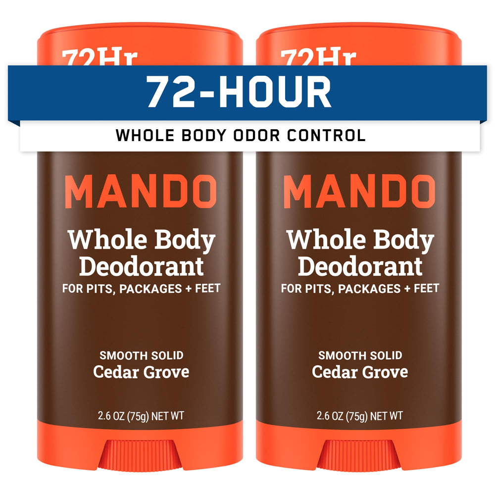 Mando Cedar Grove packaging shows a two-pack for all-day odor control