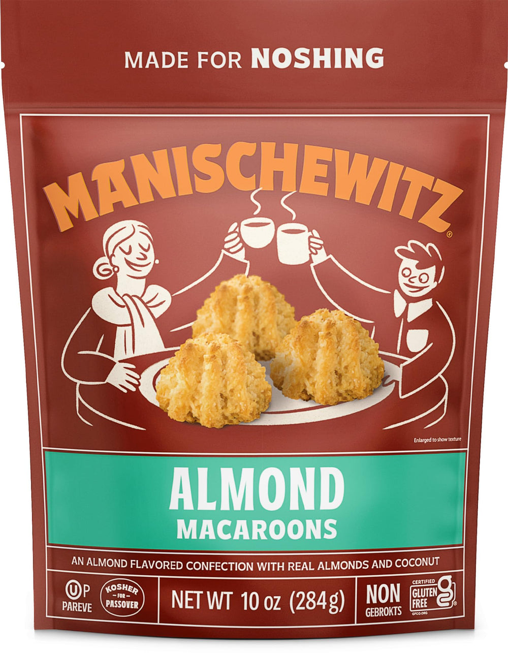 Manischewitz Almond Macaroons canister: chewy coconut cookies ideal for on-the-go snacking.
