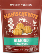 Manischewitz Almond Macaroons canister: chewy coconut cookies ideal for on-the-go snacking.