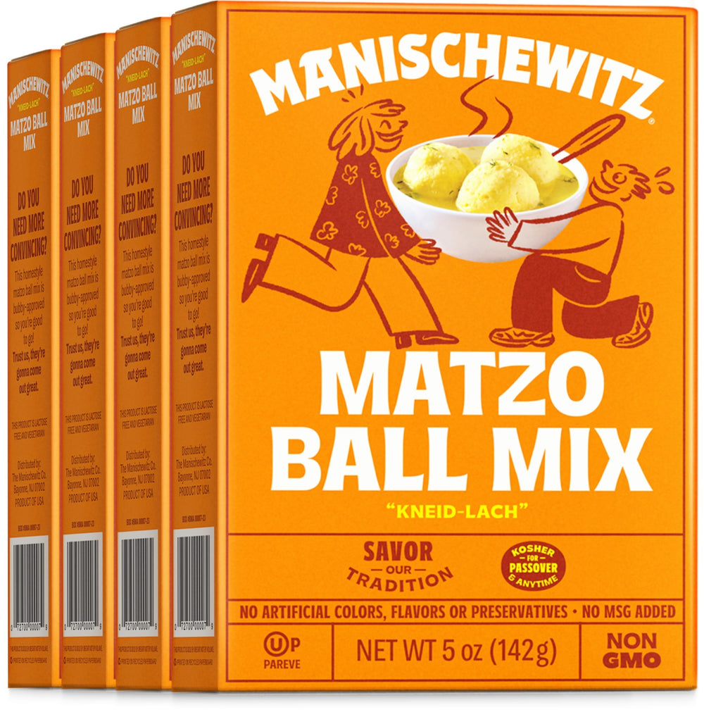 Manischewitz Matzo Ball Mix four-pack on kitchen counter for quick holiday meals.