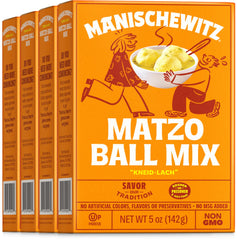 Manischewitz Matzo Ball Mix four-pack on kitchen counter for quick holiday meals.