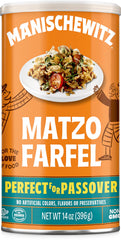 Manischewitz Matzo Farfel canister close-up communicates simple ingredients for Passover-friendly meals.