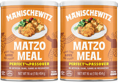 Manischewitz matzo meal canister ready for Passover cooking and everyday recipes.