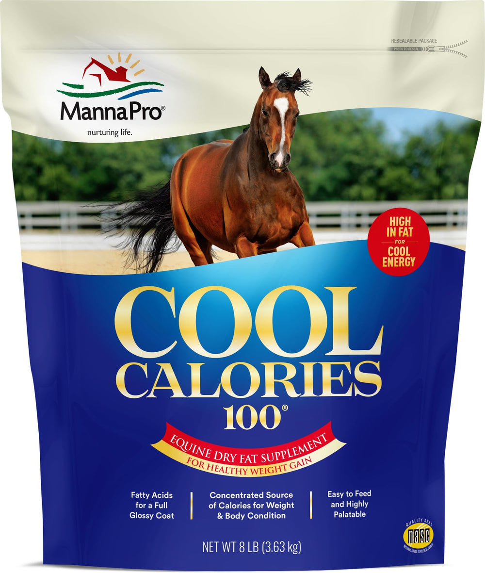 Manna Pro Cool Calories 100 bag front; easy storage for daily feeding.