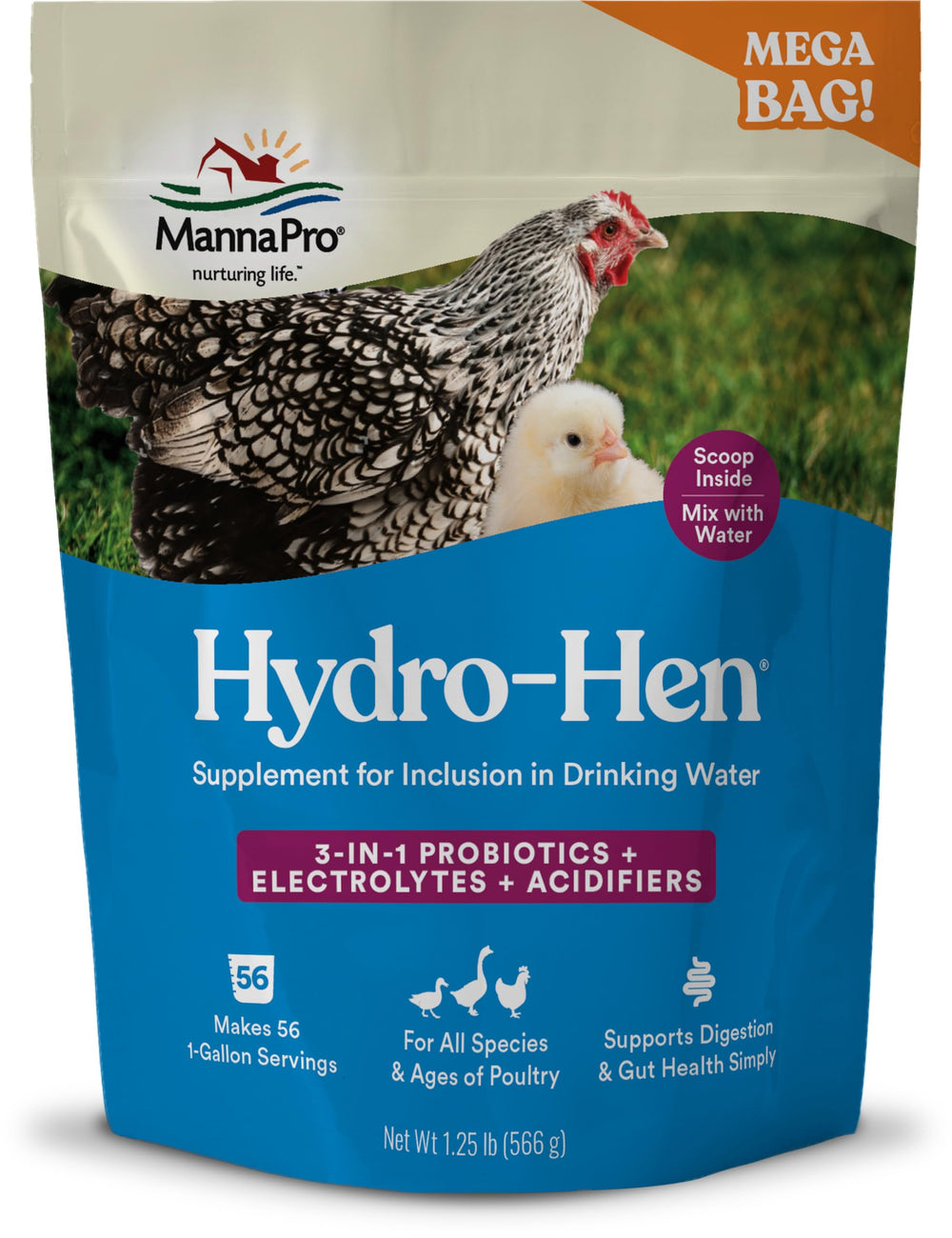 Manna Pro Hydro-Hen electrolyte bottle supports flock hydration.