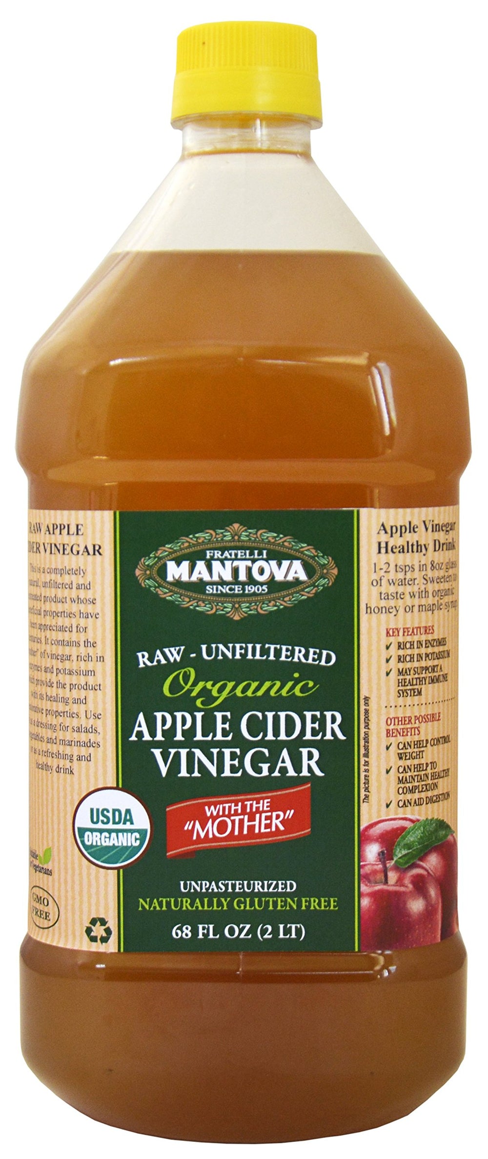 Mantova Organic Apple Cider Vinegar bottle with The Mother, ideal for everyday dressings.