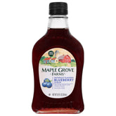 Maple Grove Farms Blueberry Syrup bottle on a breakfast table, perfect topping for pancakes