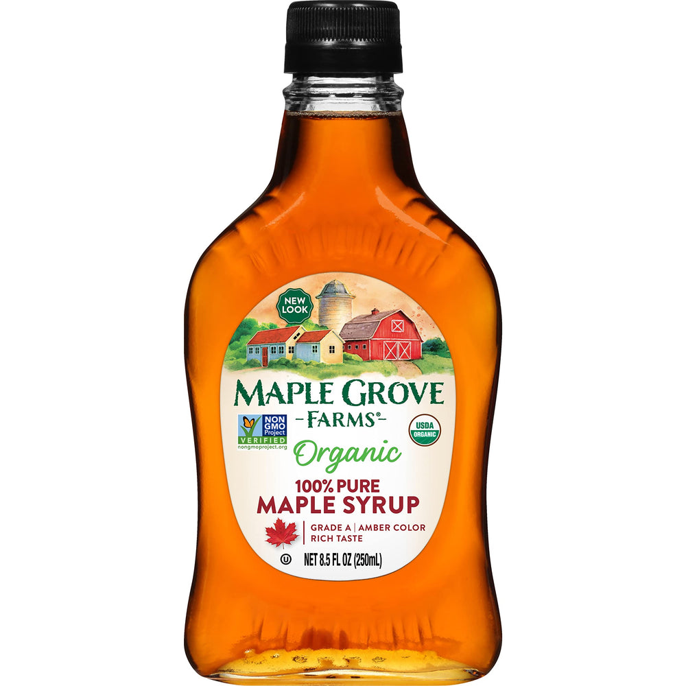 Maple Grove Farms pure maple syrup bottle ready to drizzle on pancakes