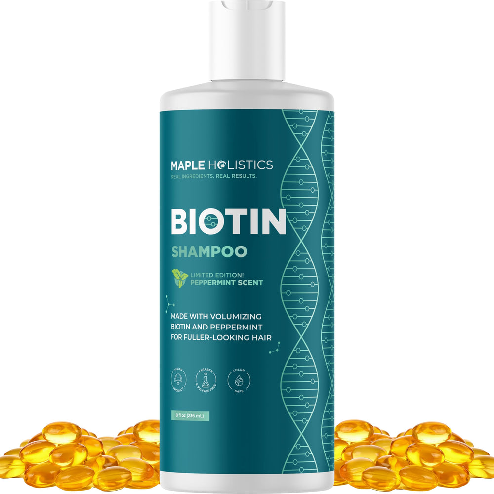 Maple Holistics volumizing biotin shampoo bottle boosts hair fullness.