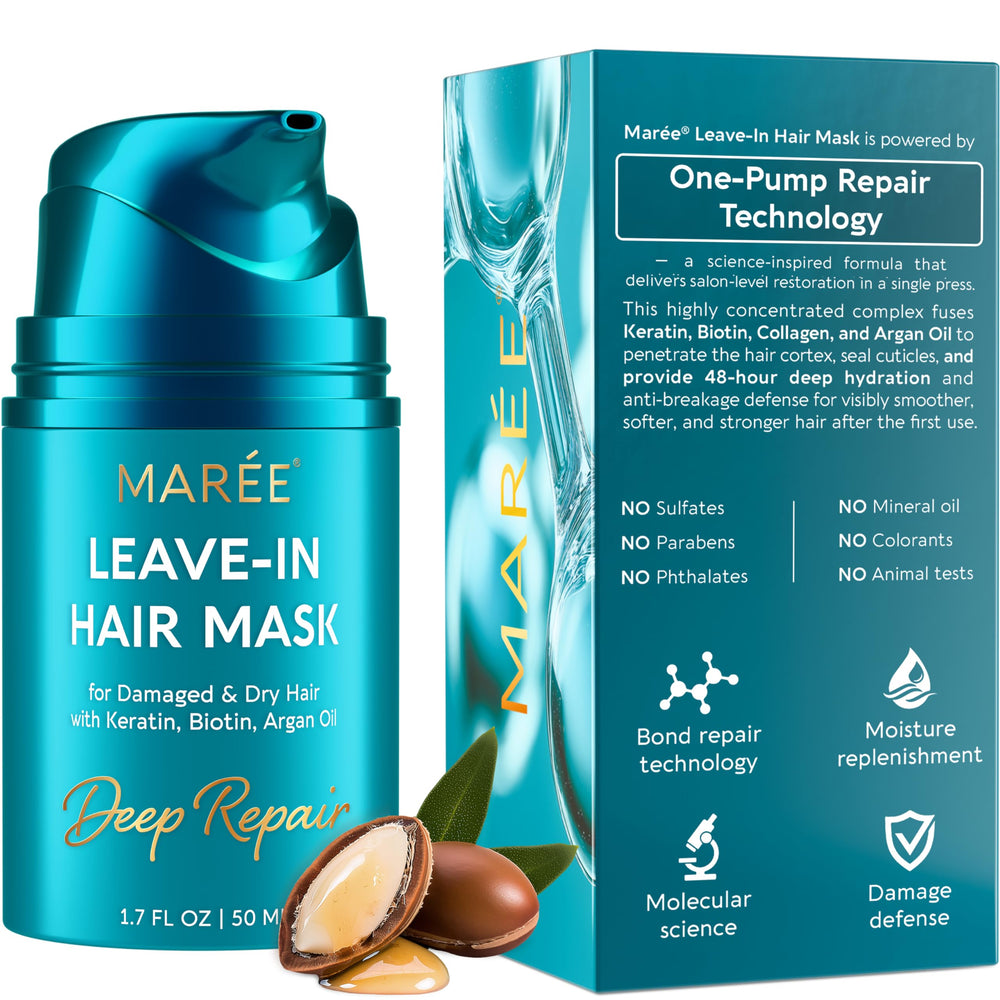 MAREE Deep Conditioning Leave-In bottle demonstrates concentrated repair for damaged hair.