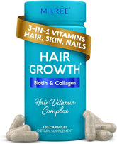 MAREE Hair Growth Vitamins bottle showing biotin and collagen formulation for nourished, fuller hair.