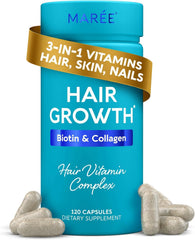 MAREE Hair Growth Vitamins bottle showing biotin and collagen formulation for nourished, fuller hair.